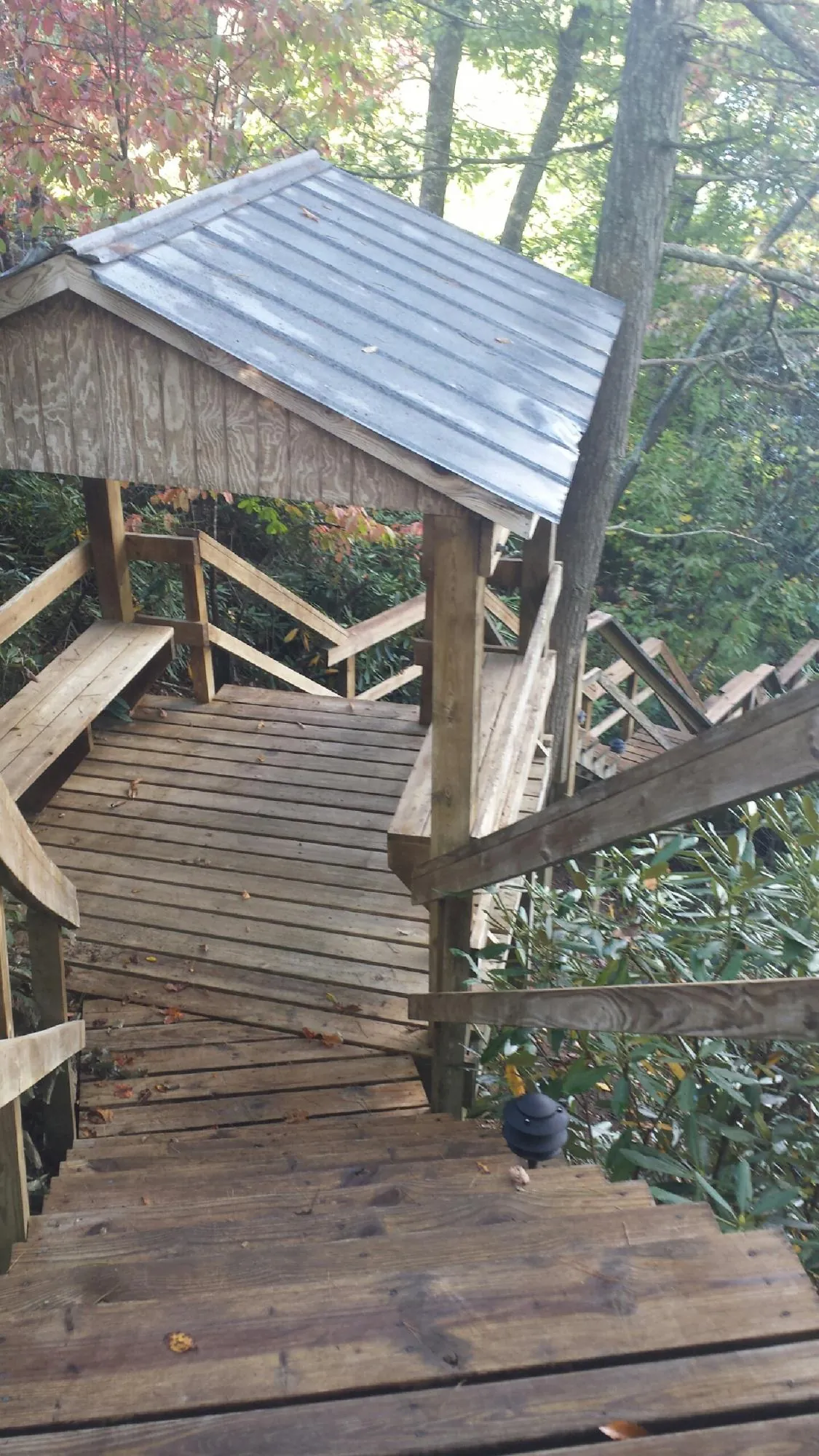 Metal roofed shelter over wooden steps on a wooded walkway — Skylight Repair & Installation work by our crew in Ladoga